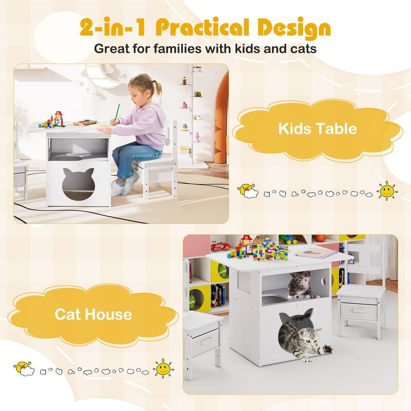 White Kids Table and Chair Set with Storage Bins Cat Shaped 2 in 1 Play and Study Furniture for Playroom or Bedroom