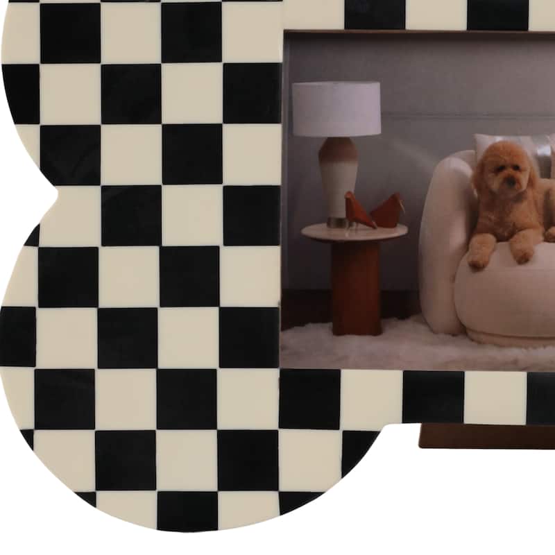 Resin Wood Glass Photo Frame Dog Bone Shape Checkerboard - 9" Ivory