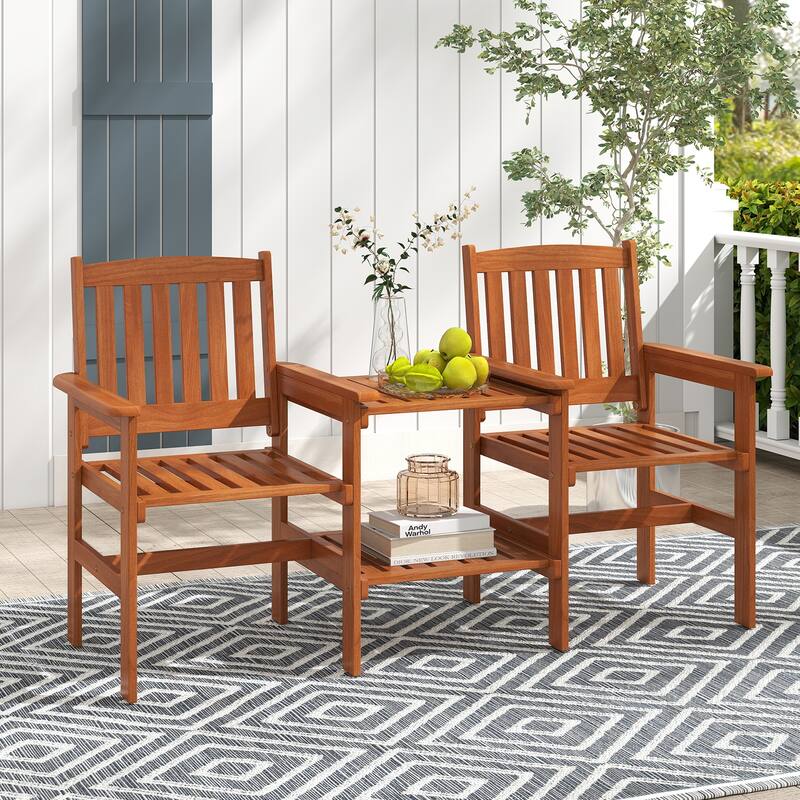Outdoor Wooden Loveseat Bench with Built-In Table and Umbrella Hole Patio Seating for 2 People - 25" x 63" x 35"