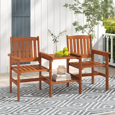 Gymax Outdoor Wood Bench Loveseat w/ Built-in Table 1.57'' Umbrella