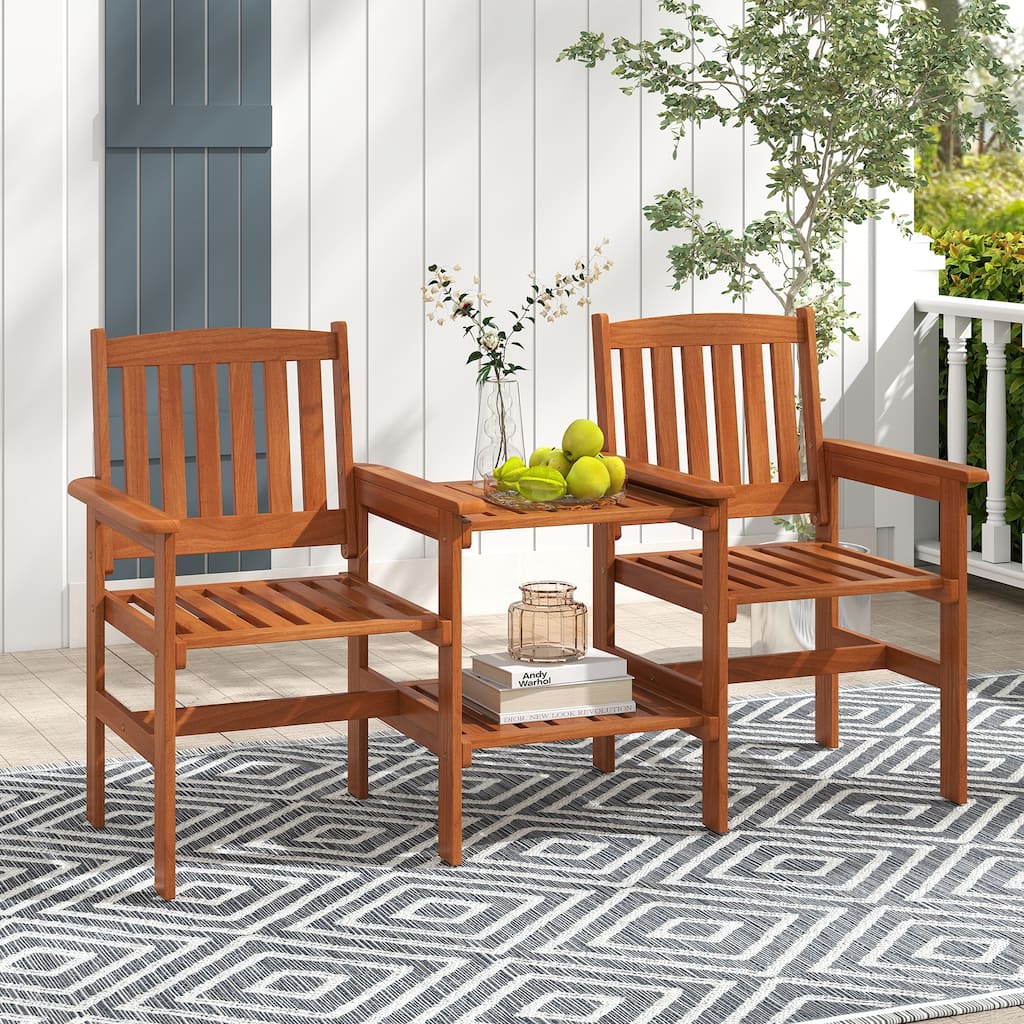 Gymax Outdoor Wood Bench Loveseat w/ Built-in Table 1.57'' Umbrella