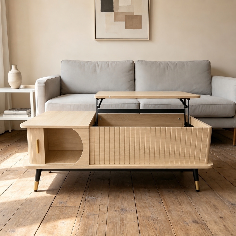 Wood Lift Top Coffee Table with Hidden Compartment and Large Storage Shelf