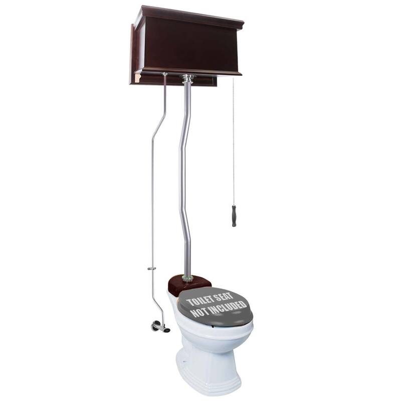 High Tank Toilet - Dark Oak Wooden Flat Tank, Round White Bowl and Satin Z Pipes Renovators Supply