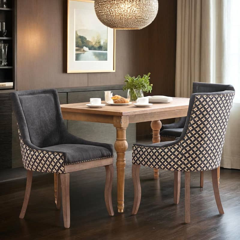 Ultra Side Dining Chair, Thickened fabric chairs with neutrally toned solid wood legs, Bronze nail head, Set of 2 - Black