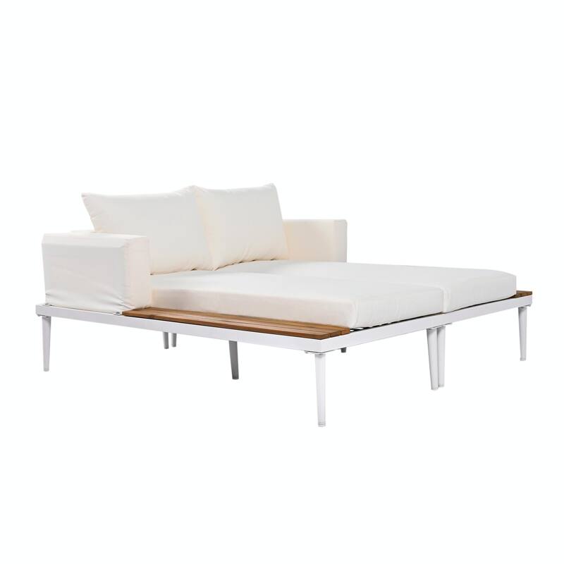 Modern Outdoor Metal Daybed with Wood Topped Side Spaces, 2-in-1 Padded Chaise Lounges