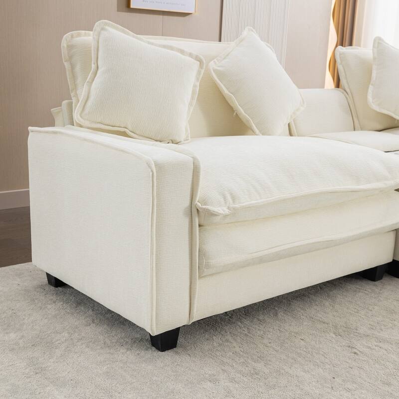 111" Chenille Upholstered Sectional Sofa with 2 Ottomans and 2 USB Ports, 2 Cup Holders