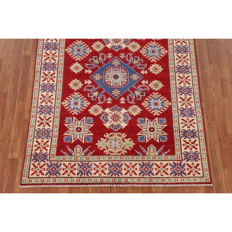 Red Geometric Kazak Oriental Area Rug Handmade Traditional Wool Carpet - 4'11" x 6'6"