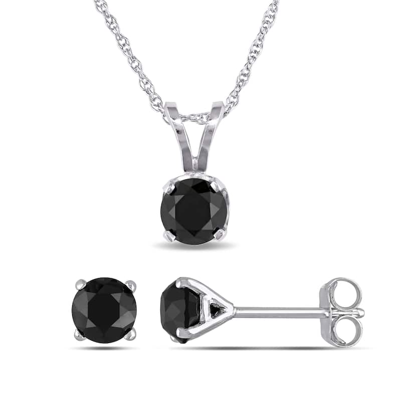 Miadora 1 1/2ct TDW Black Diamond 2-pc Set Solitaire Earrings Pendant Chain 10k White Gold
