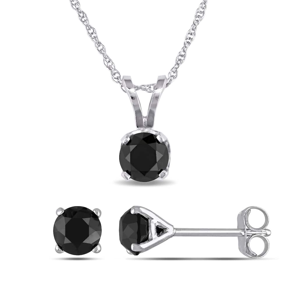 Miadora 1 1/2ct TDW Black Diamond 2-pc Set Solitaire Earrings Pendant Chain 10k White Gold