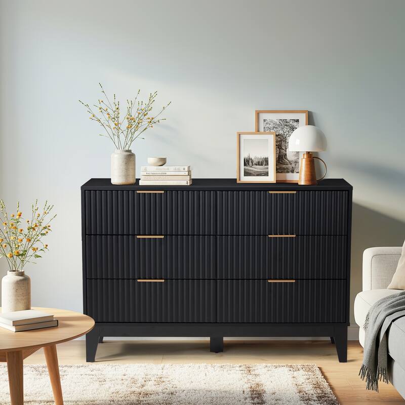 EROMMY Fluted 6-Drawer Dresser – Mid Century Modern Wide Chest with Metal Handles for Bedroom & Living Room - Black - 6-drawer