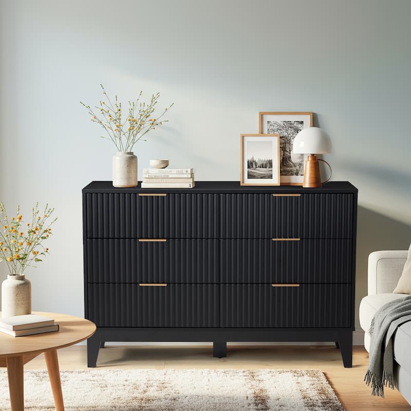 EROMMY Fluted Dresser 6 Drawer Mid Century Modern Dresser Wide Chest of Drawers with Metal Handles for Bedroom Living Room