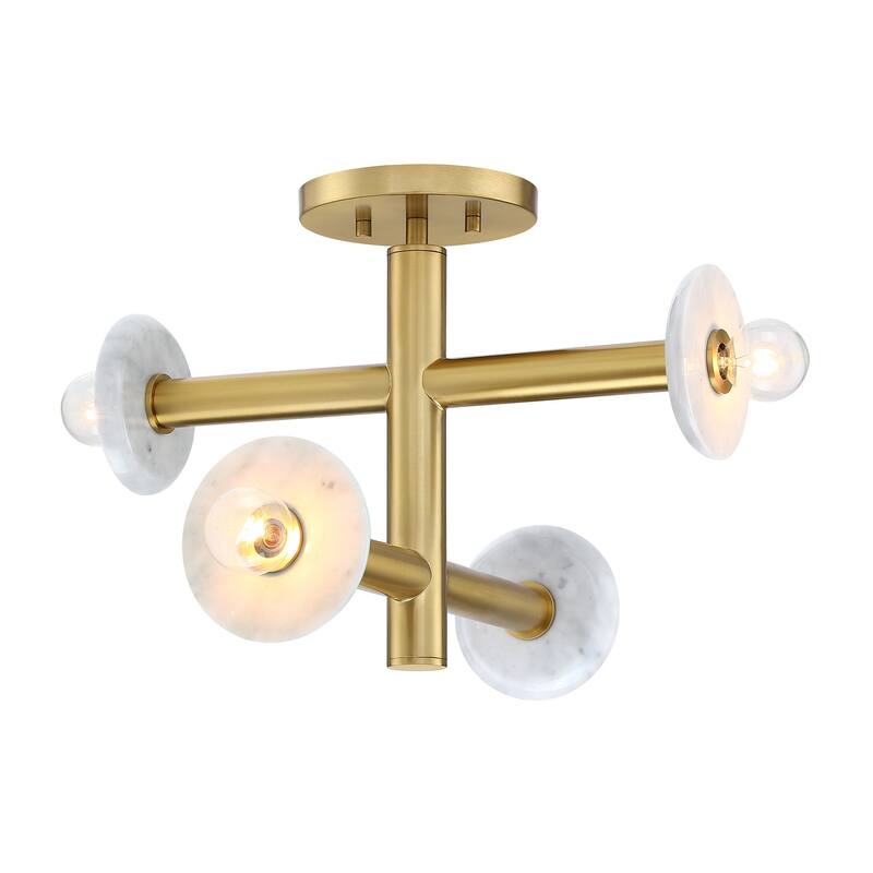 Fina 16 in. 4-Light Brushed Gold Modern Semi Flush Mount with Natural Marble Accents for Bedrooms - 12.25