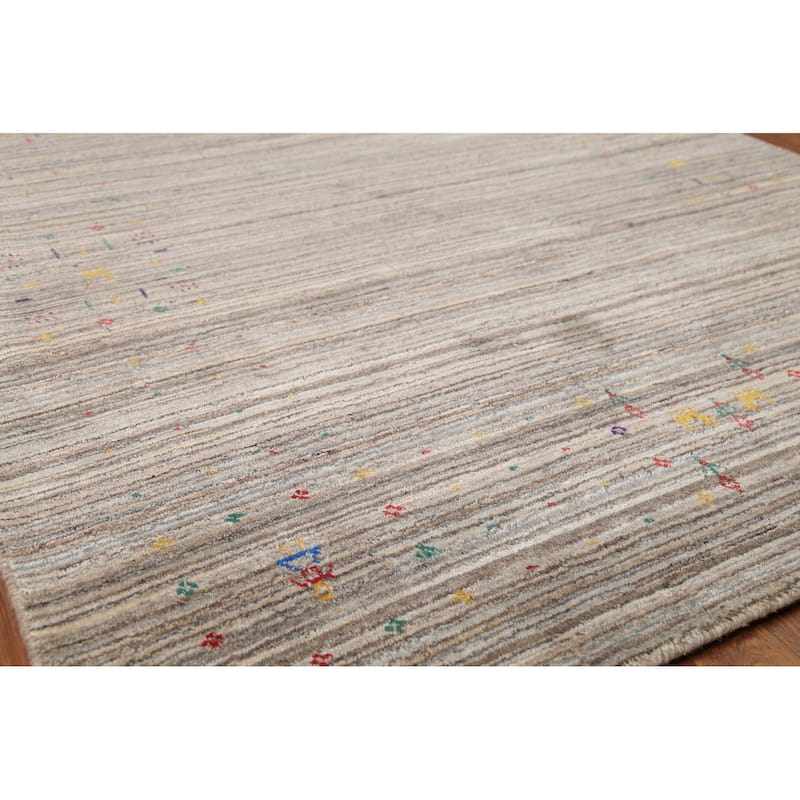 Striped Gabbeh Indian Area Rug Hand-Knotted Oriental Beige Wool Carpet - 4'11"x 7'11"