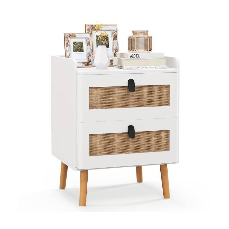 Modern End Table with Wide Top and 2 Rattan Storage Drawers - 17.5" x 15.5" x 22.5" - White-Natural