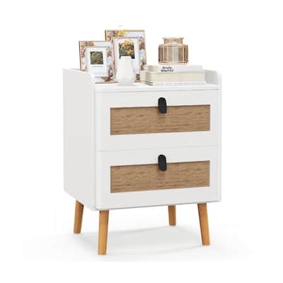 Modern End Table with Wide Top and 2 Rattan Storage Drawers - 17.5" x 15.5" x 22.5"