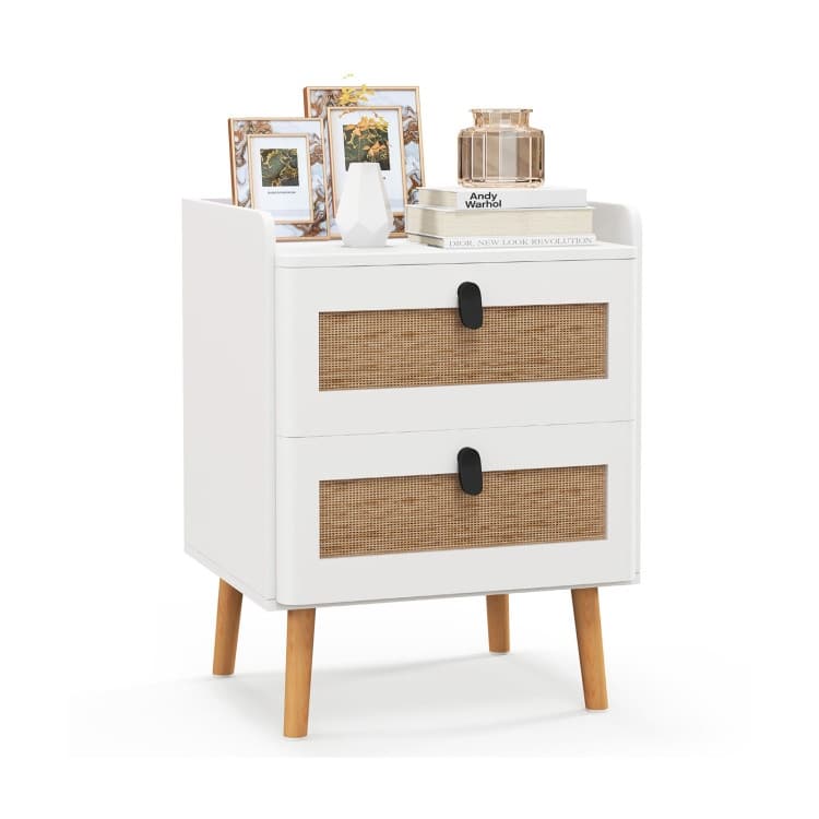 Modern End Table with Wide Top and 2 Rattan Storage Drawers - 17.5" x 15.5" x 22.5"