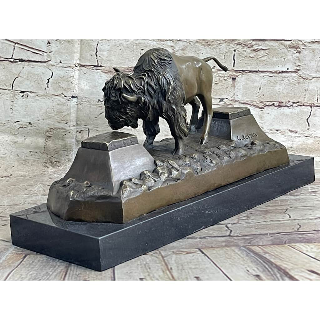 Large American Buffalo Bison Bronze Sculpture By Russell Hotcast Figure Decor