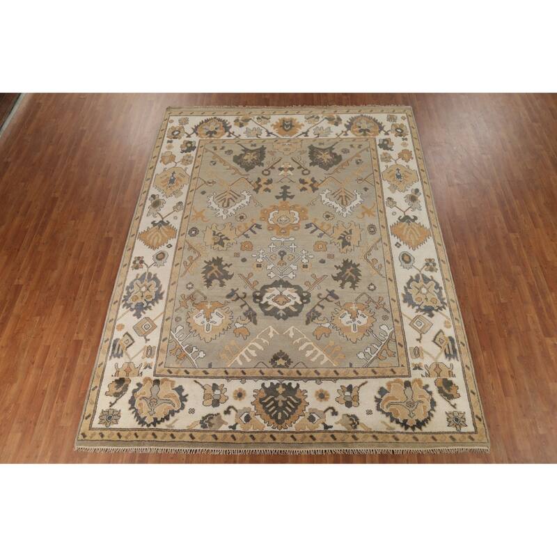 All-Over Beige & Ivory Oushak Indian Area Rug Handmade Wool Carpet - 9'1"x 11'8"