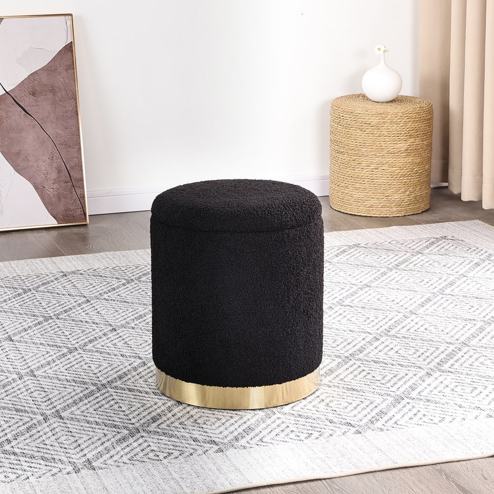 Adeco Velvet Round Storage Stool Gold Plating Base Storage Ottoman