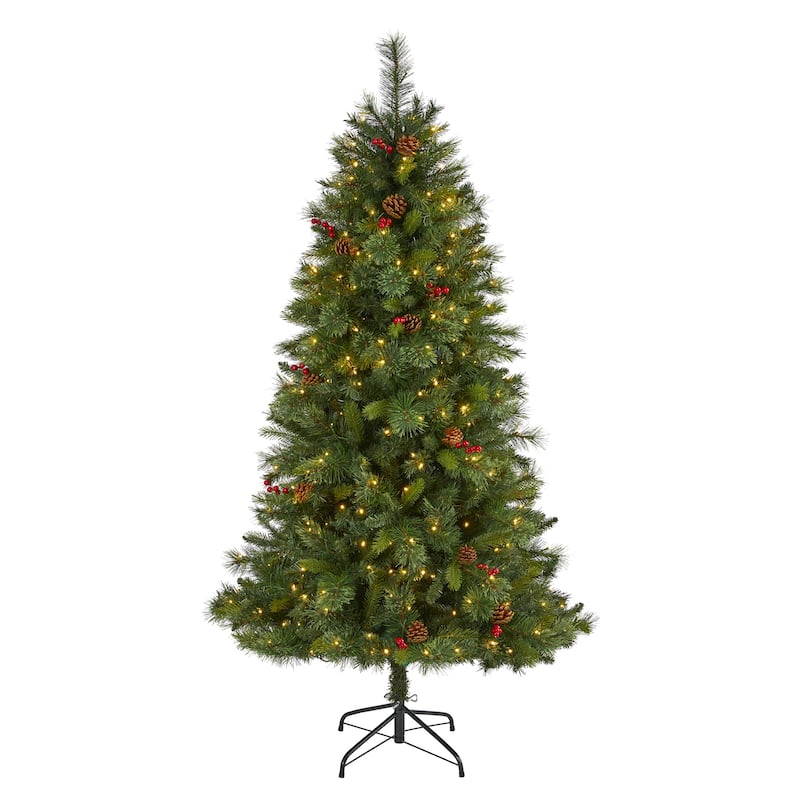 6' Aberdeen Spruce Artificial Christmas Tree with 350 Clear LED Lights, Pine Cones and Red Berries