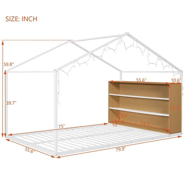 dimension image slide 1 of 2, Full Size Metal Wood House Bed with Shelves & Lights