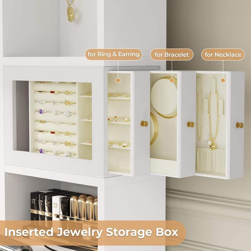 Vanity Desk with Mirror and Lights 6 Drawers 8 Open Shelves Jewelry Box