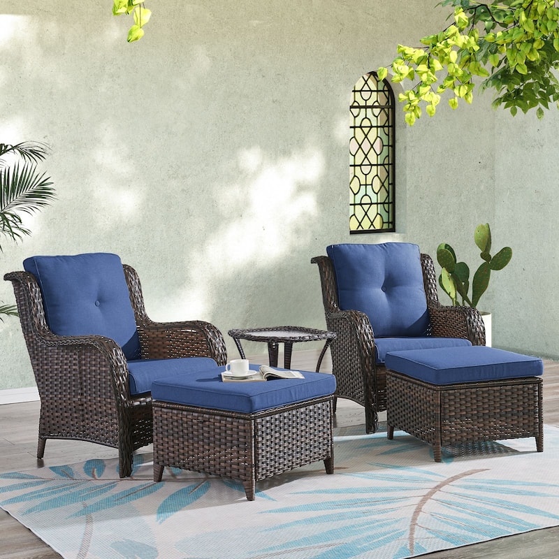 Gymojoy 5-Piece Outdoor Wicker Patio Furniture Chair Set, Rattan Coversation Set with Water Resistant Thick Cushions - Brown Wicker / Blue Cusion - 5-Piece