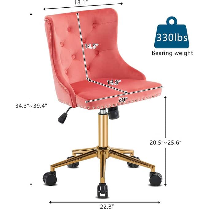 VINGLI Pink Velvet Office Chair with Wheels