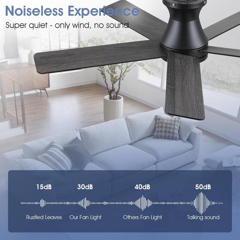 52 Inches Flush Mount Modern Quiet Ceiling Fan with Light and Remote APP Control 5 Dual Side Blades for Living Room Bedroom