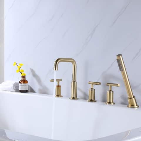 Desk Mount 5 Holes Bathtub Faucet with Handheld Shower, Gold