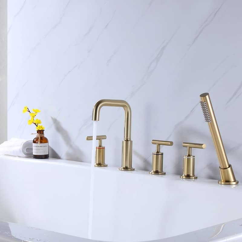 Desk Mount 5 Holes Bathtub Faucet with Handheld Shower, Gold
