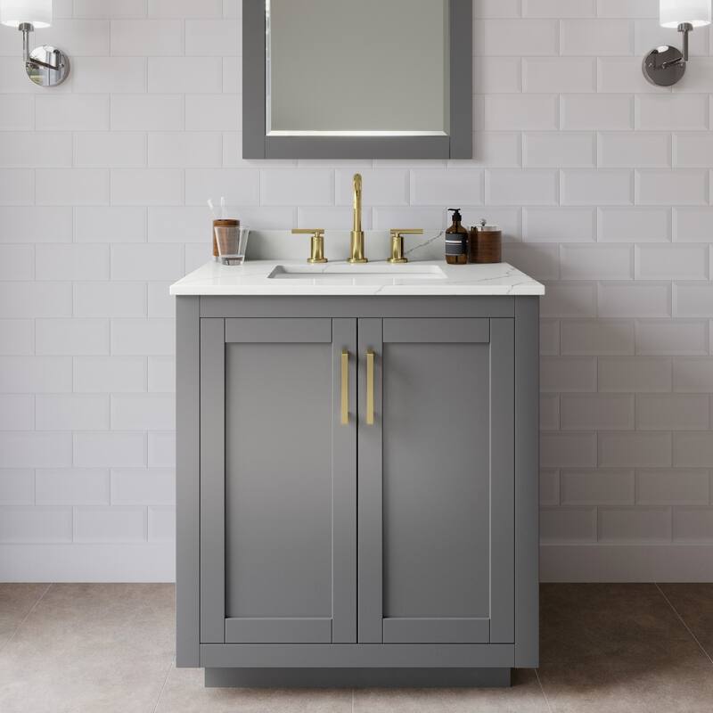 Wyndham Collection WCF292930S-QTZ-US3M24 Miranda 30" Free Standing - Dark Gray / Giotto Quartz Top / Brushed Gold