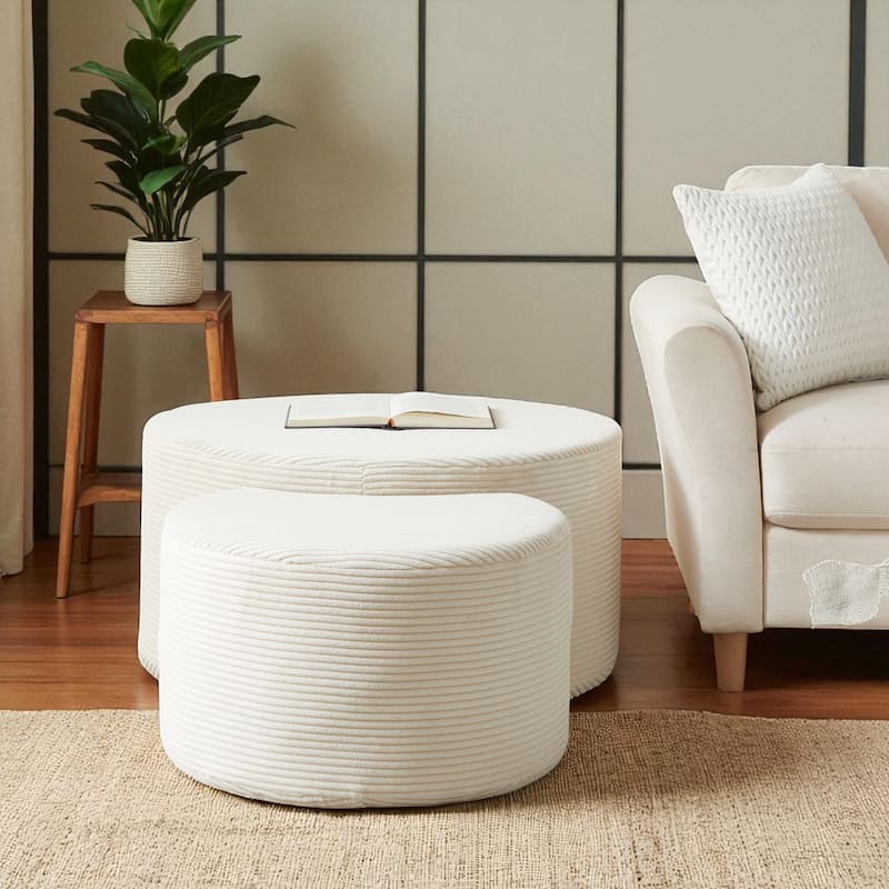 Set of 2 Round Nesting Coffee Tables, Upholstered Corduroy Ottoman Accent Tables, Modern Foam Design, No Assembly