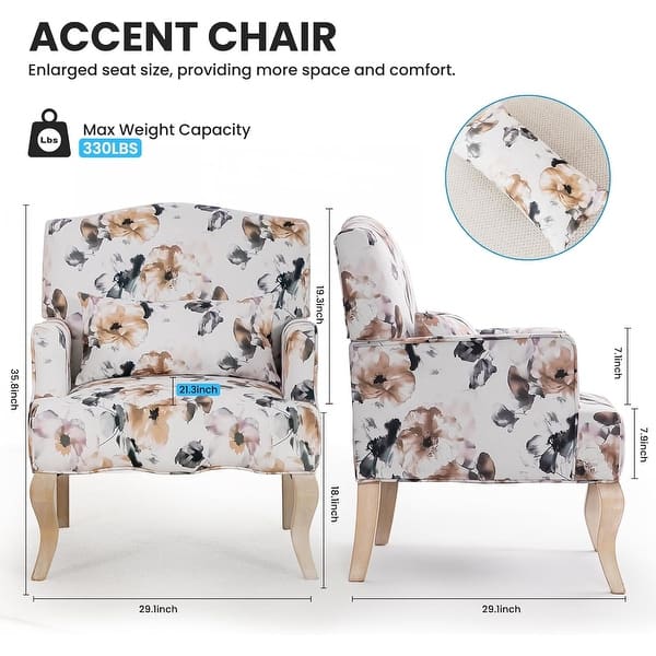 dimension image slide 2 of 5, EROMMY Floral Accent Chair for Living Room, Upholstered Wingback Armchair with Pillow.
