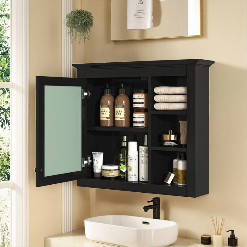 30" x 28" Wall-Mounted Medicine Cabinet, Modern Bathroom Mirror Storage Cabinet with 3 Open Shelves