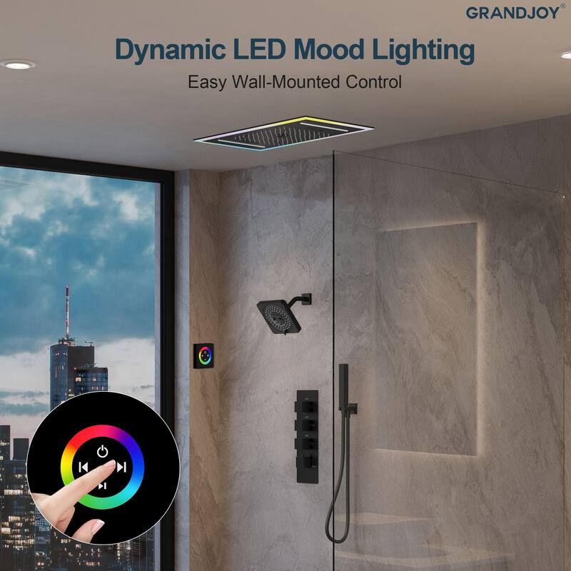GRANDJOY Thermostatic LED Rain and Waterfall Shower System with Handheld, Ceiling-Mount Modern Design