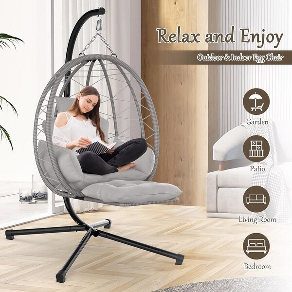 Egg Chair with Stand Leg Rest Rattan Wicker Swing Chair with UV Resistant Cushion and Pillow Patio Hanging Basket Chair On Sale Bed Bath Beyond 40331736