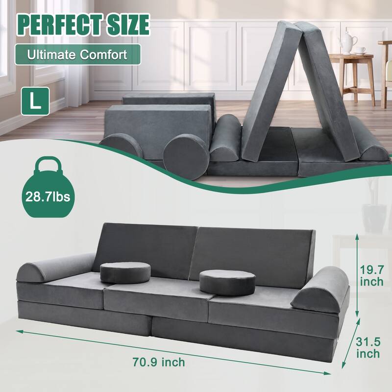 DoCred Kids Play Couch Sofa Set, Modular Toddler Sofa, Grey