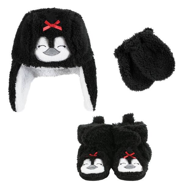 slide 1 of 1, Hudson Baby Infant Girl Trapper Hat, Mitten and Bootie Set, Girl Penguin Girl Penguin - 0-6 Months