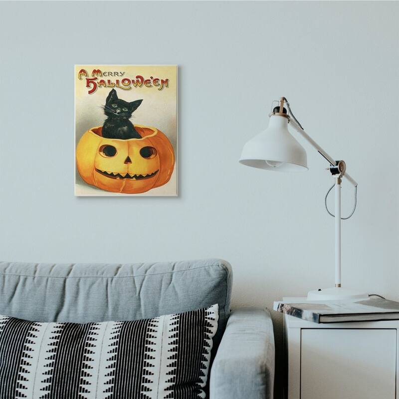 Stupell A Merry Halloween Black Cat Pumpkin Seasonal Holiday Design Wood Wall Art