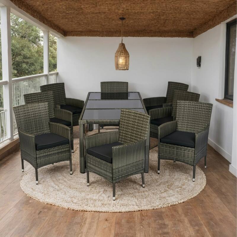 Outdoor Patio 9 Piece Wicker Dining Table Chairs Set Glass Table Top Casual Dining Table and 8 Removable Cushions Armchairs