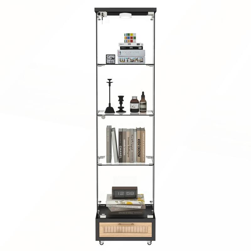 Modern Glass Display Cabinet with Drawer and LED lights for Living Room and Bedroom
