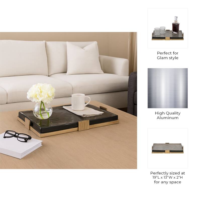 Decorative Glass and Metal Rectangle Accent Tray-Home Decor-19", Gold - 19.0"