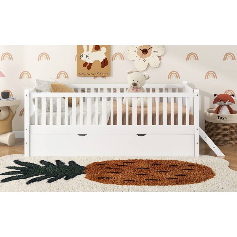 Roomfitters Twin Wood Platform Bed with Semi-Enclosed Guardrail and Trundle