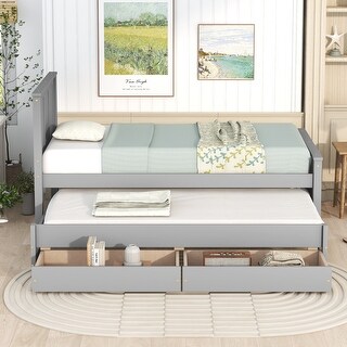 Twin Size Platform Bed with Trundle and Drawers, Grey