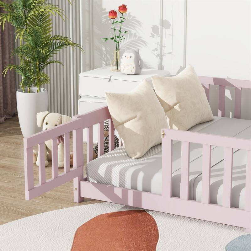Twin/Full/Queen Size Floor Bed with Fence Guardrails and Door, Rubber Wood Toddler Bed Montessori Bed with Slats Support