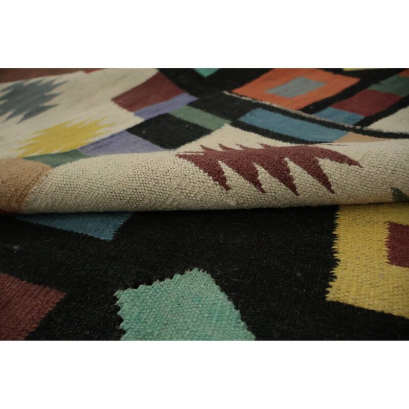 Hand Woven Oriental 100% Wool Carpet Southwestern Tribal Black Kilim Area Rug - 9' 0'' X 6' 2''