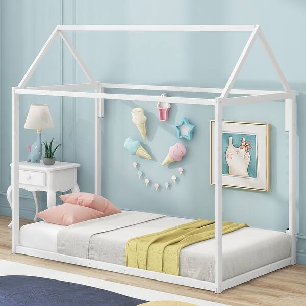 slide 2 of 27, Metal House Bed for Kids, Twin Size, Sturdy Design White - Twin
