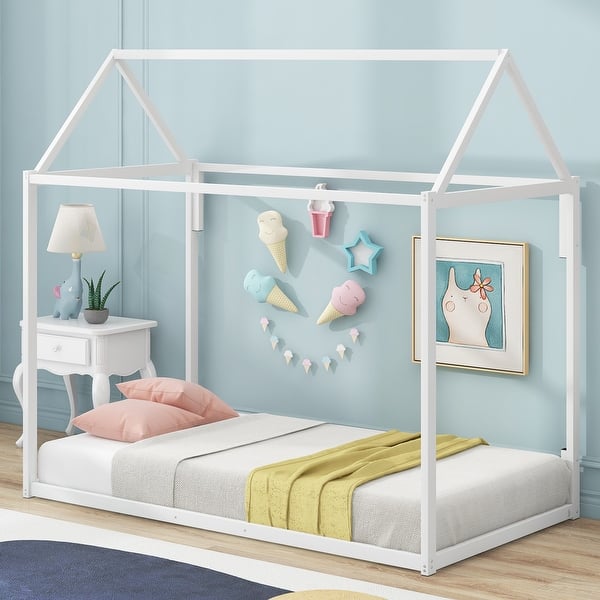 slide 2 of 27, Simple Metal House Bed Floor Bed Frame, Twin White - Twin