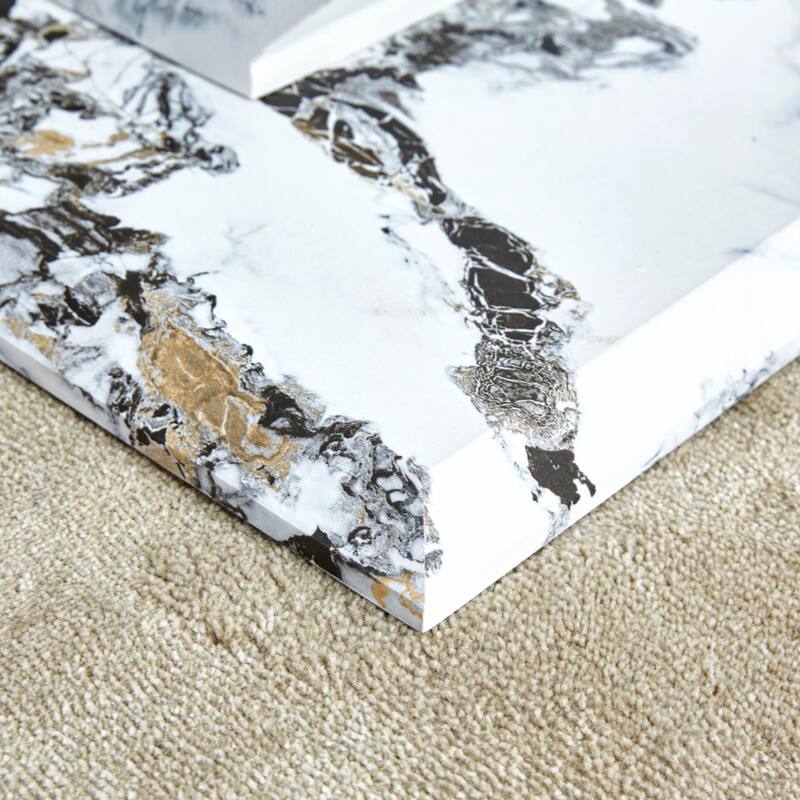 glass coffee table with marble patterned MDF legs and stainless steel decorative columns